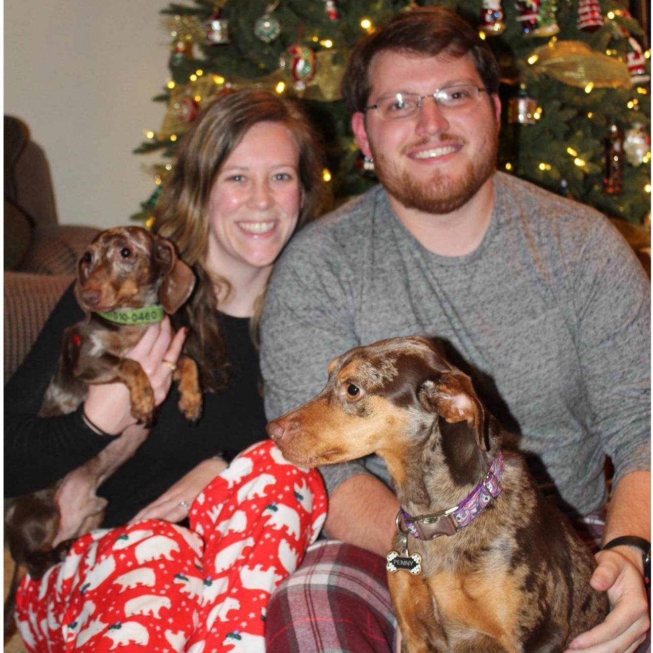 Our first Christmas as an engaged couple with our two dogs, Moose and Penny.