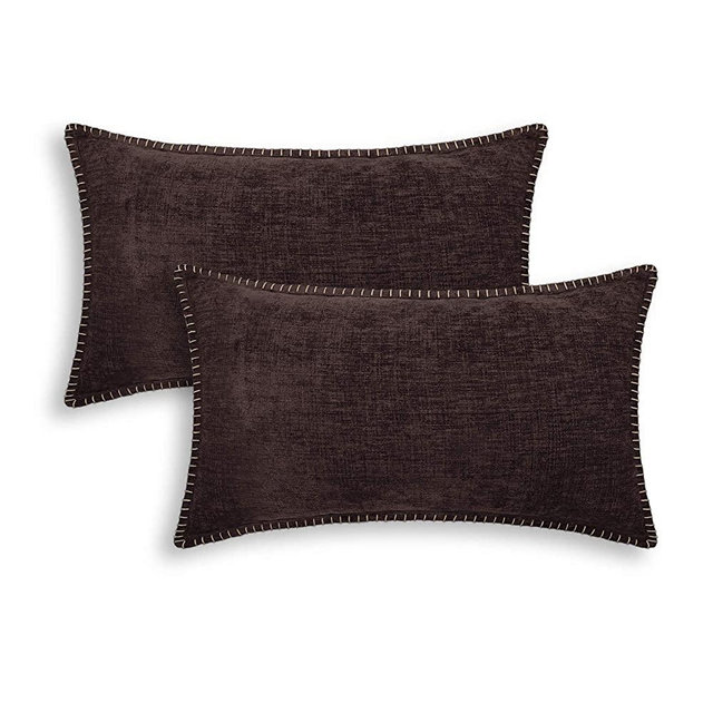 CaliTime Throw Pillow Cases Cotton Thread Stitching Edges Solid Dyed Soft Chenille Cushion Covers for Couch Sofa Home Farmhouse Decoration, 12 X 20 Inches - Pack of 2, Coffee