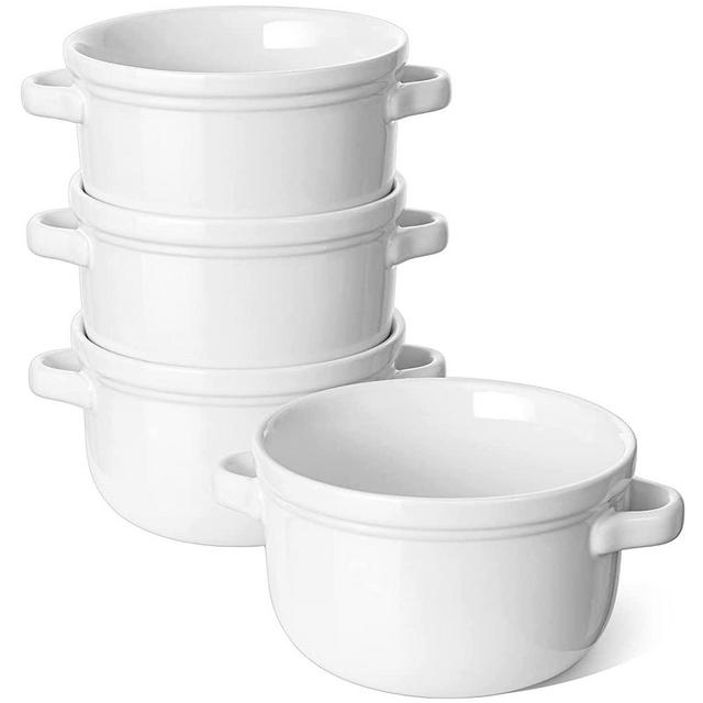 LE TAUCI Soup Bowls with Handles ,28 Ounce Set of 4 , Ceramic Soup Crocks for French Onion Soup, Beef Stew , Bread ,Cheese, Oven Safe White