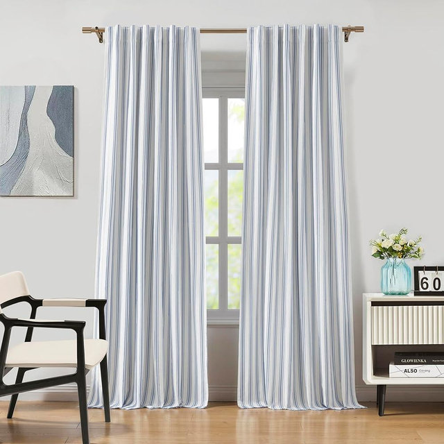 ZJDECOR Striped Full Blackout Curtains 95 Inches Long for Bedroom,Blue Stripe on White Cotton Blended Light Filteirng with Darkening Liner,Back Tab Rod Pocket Window Treatment,55" Wx95 L(Pack of 2)