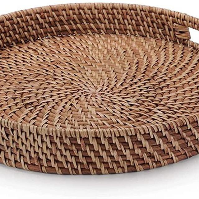 16.9 inches Rattan Round Bread Serving Tray Vintage Style Handcrafted Serving Basket Platter with Cut-Out Handles, Storage Organizer Basket