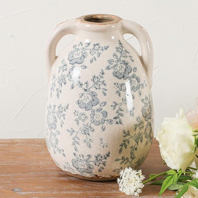 Ronasip Vintage Chinoiserie Flower Vase Double Handle 7” Blue and White Vase Retro Ice Crackle Waterproof Hand-Painted Peony Ceramic Pitcher (Blue and White, 7.48”)