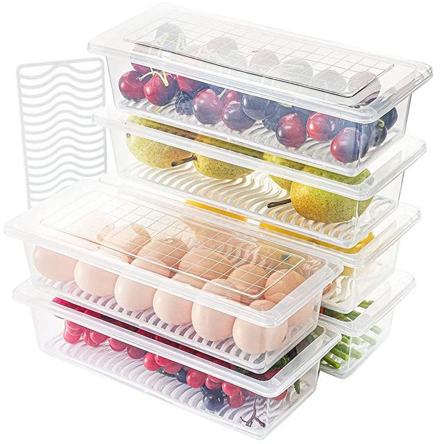 SOUJOY 6 Pack Produce Saver Container, 1.5L Fridge Fruits Storage Organizer with Removable Drain Plate and Lid, Stackable Portable Food Storage Containers for Produce, Food, Vegetables, Meat and Fish
