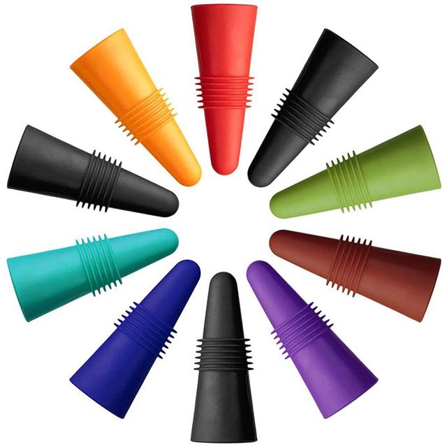 COSYLAND 10Pack Wine Beverage Bottle Stopper with Colorful Silicone＋Stainless Steel, Wine Outlet Cap with Grip Top, Reusable for Any Types, 8 Colors