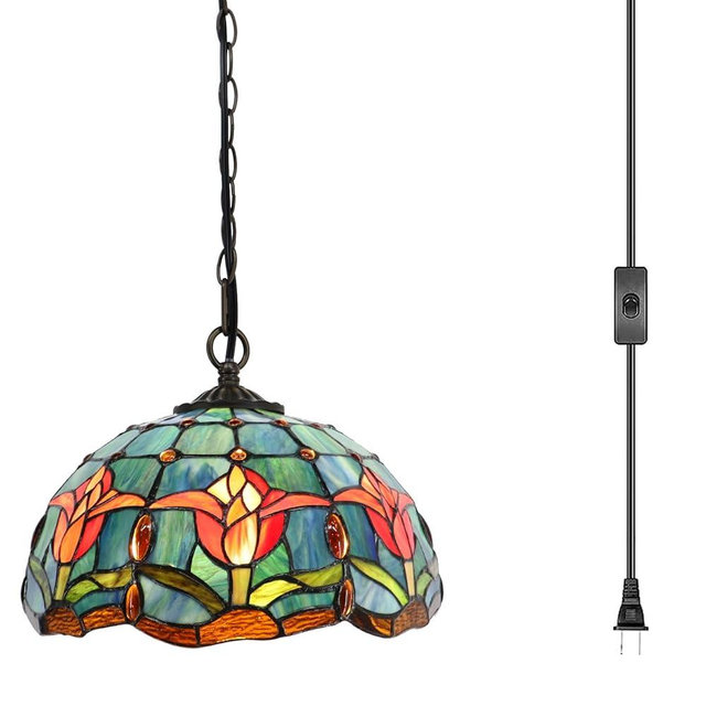 LXHCYOU Tiffany Pendant Light Plug in, 12 inches Stained Glass Hanging Lamp, 39 Inch Chain, 15 Feet Cord Living Room Bedroom Kitchen Dining Room Office (Tulip Style)