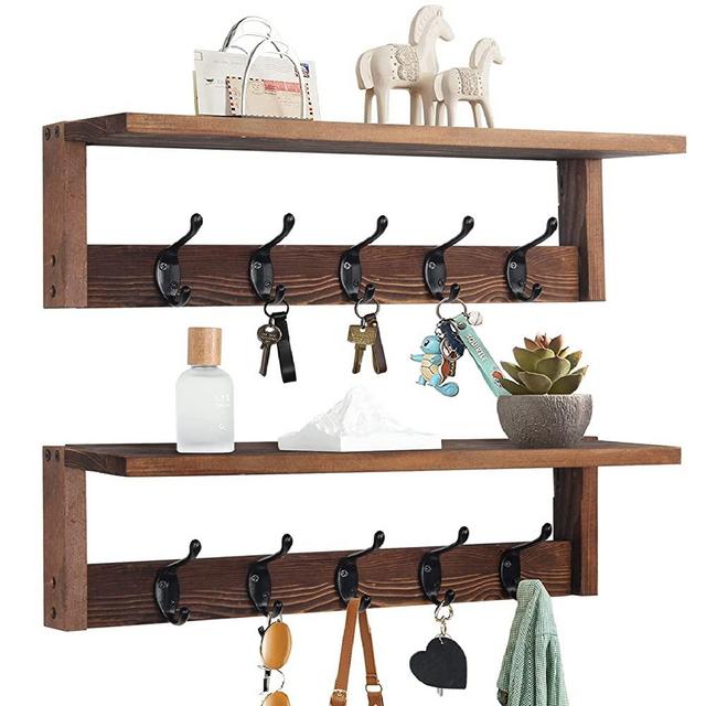 Coat Rack Wall Mount with Shelf - POZEAN 2 Pack Coat Hooks for Wall with Shelf, Coat Rack with Wall Hooks for Coat Hanger Wall, Shelves for Wall Decor, Entryway, Mudroom, Bedroom, Bathroom, Kitchen