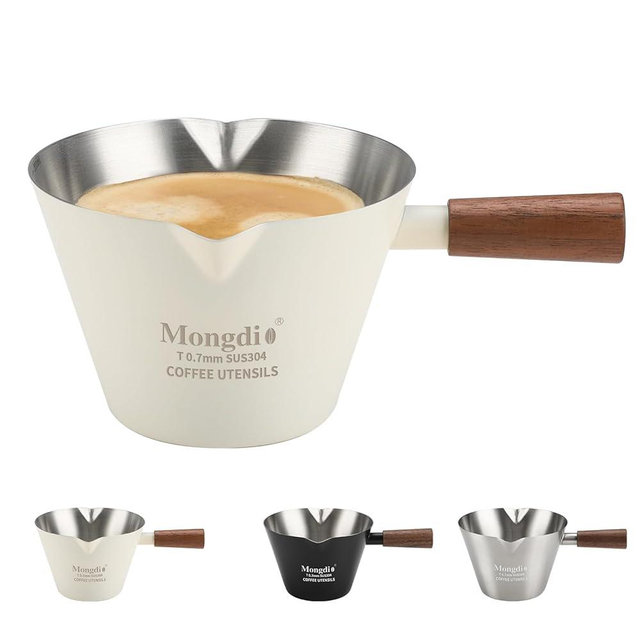 Mongdio Espresso Measuring Cup, Stainless Steel Espresso Shot Cups with Wooden Handle and Double Spouts, 6.8OZ/200ML, White