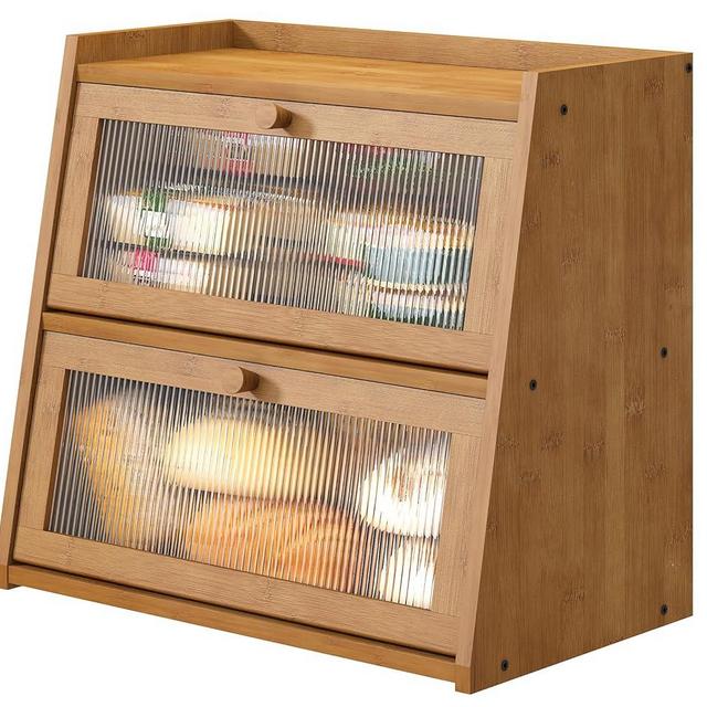 viewcare Extra Large Bread Box, Double Layer Bread Box for Kitchen Counter, Bamboo Wood Large Capacity Bread Storage Bin with Acrylic Wavy Door Panel
