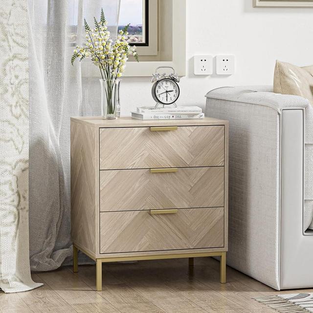 Anmytek 3 Drawer Nightstand for Bedroom, Modern Wood Nightstand Square Bedside Table End Table with Storage for Bedroom Room, Sofa, Natural Oak, H0099