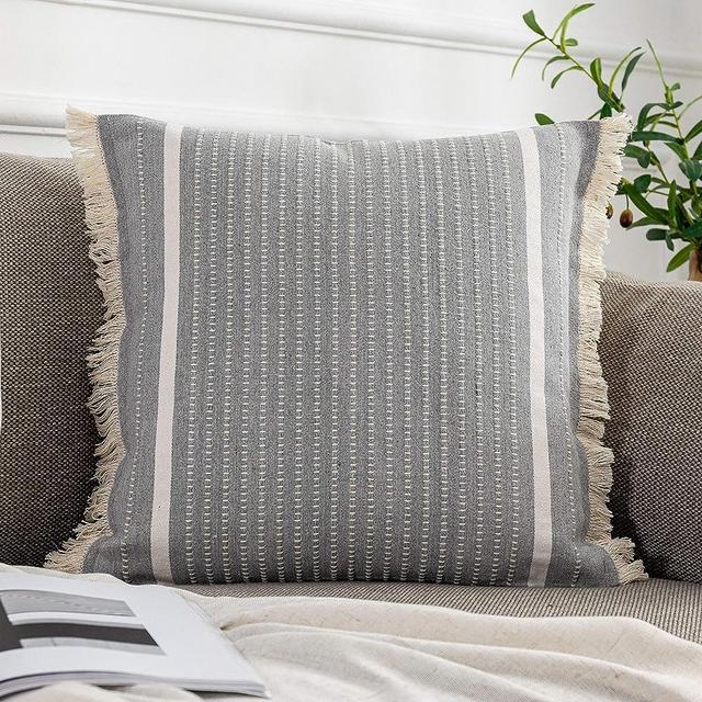 OJIA Modern Throw Pillow Cover with Tassels, Decorative Liana Fringe Accent Cushion Case, Farmhouse Woven Pillowcase for Sofa Chair Couch Bed Decor (Lumbar 20 x 20 Inches, Grey)