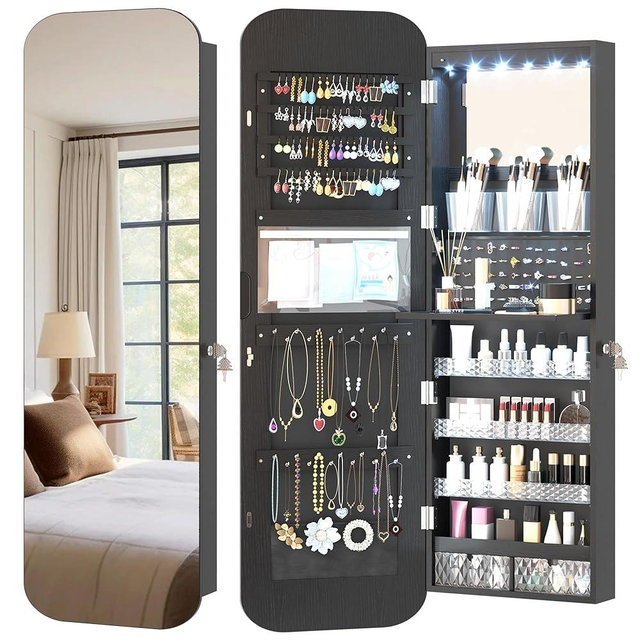 Vlsrka 47.2" LED Mirror Jewelry Cabinet Wall Mounted or Door Hanging, Rounded Corner Jewelry Armoire Organizer, Lockable Full Length Mirror with Storage, Interior Mirror & Makeup Shelf (Black)