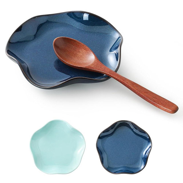 ABRUTY Spoon Rest for Stove Top, Ceramic Spoon Holder for Counter, Modern Farmhouse Decor Accessories for Spatula, Spoons or Tongs, Flower Shape, Flambe Blue