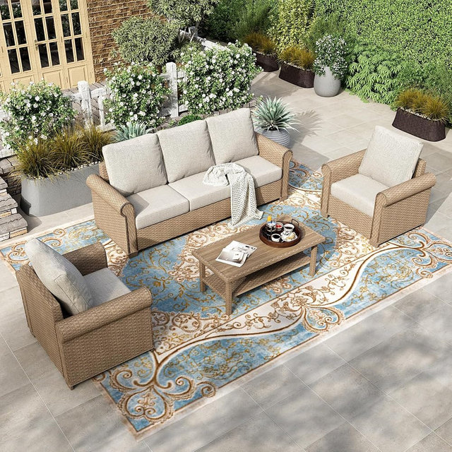 HERA'S HOUSE Patio Furniture Set, 4 x Cushioned Chairs, 3-Seat Sofa with Wood Grain Coffee Table, 5 Seats Luxury Windsor Style All Weahter Outdoor Sofa Conversation Set for Deck Lawn Backyard