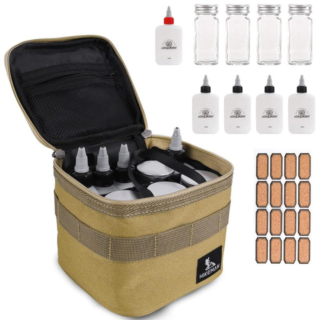 HIKEMAN Camping Portable Spice Set with 9 Spice Containers Pepper & Salt Spice Shakers, Separable Storage Bag for Outdoor Travel Camping BBQ Picnic