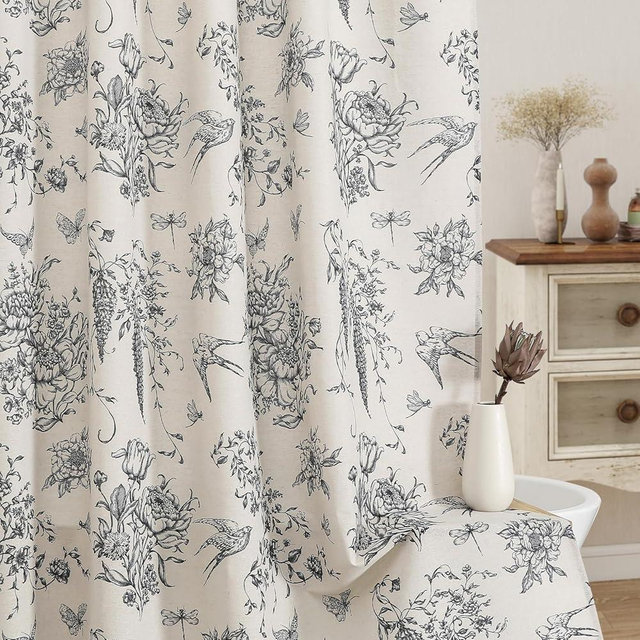 MitoVilla Black Farmhouse Shower Curtain Set, Cotton Floral Swallow Cottagecore Shower Curtains for Bathroom, Modern French Country Burrerfly Flower Bathroom Décor, 72" W x 72" L