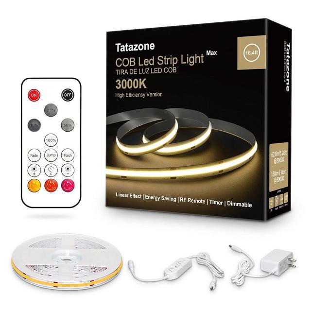 Tatazone White COB Led Strip Lights Max with RF Remote, 16.4ft 3000K Dimmable Ultra Bright Warm White COB Light Strip, Adhesive Indoor COB Led Lights for Living Room, Shelf, Cabinet