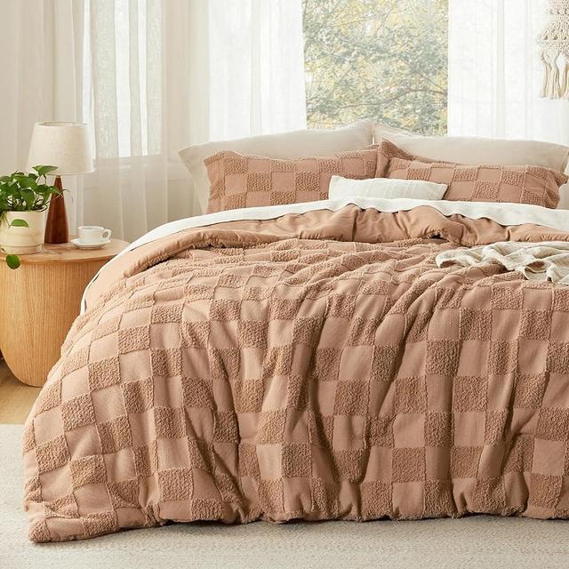 Bedsure King Size Comforter Set Taupe, Boho Tufted Bedding Comforter Set, Checkered Farmhouse Shabby Chic Bed Set, 3 Pieces, 1 Plaid Geometric Comforter and 2 Pillow Shams