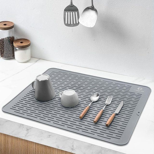 Homewizer Extra Large, 23” x 18” Silicone Dish Drying Mat for Kitchen Counter, Heat Resistant, Non-Slip Design, Quick Dry, Easy Clean, Raised Edge Holds Water, BPA Free, Food Grade Silicone- Gray