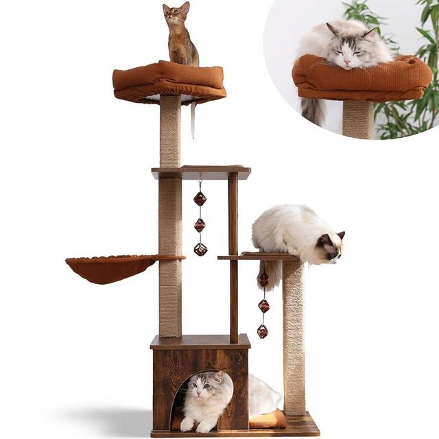FUKUMARU Cat Tree, 4 in 1 Large Modern Cats Tower with Jute Scratching Post and Hammock, Wood Cat Condo with silvervine Balls, Cat Climber Stand Playhouse for Indoor Cats, Retro Style