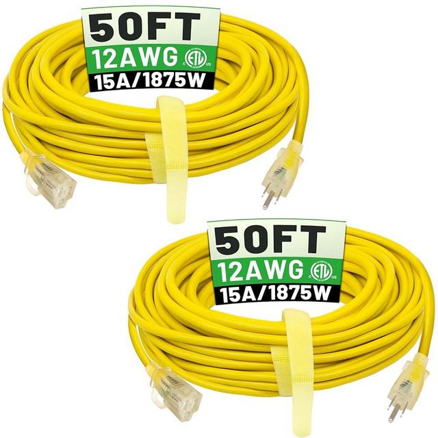 POWGRN 2 Pack 50 ft 12/3 Outdoor Extension Cord Waterproof Heavy Duty with Lighted Indicator End 12 Gauge 3 Prong, Flexible Cold-Resistant Long Power Cord Outside, 15Amp 1875W SJTW Yellow ETL Listed