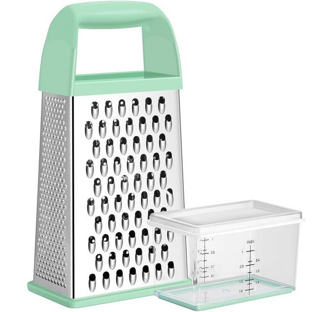 Urbanstrive Cheese Grater With Container, Professional Cheese Grater with Handle, Stainless Steel Graters for Kitchen Handheld, Box Grater with 4 Sides for Vegetables, Ginger, Potatoes (Mint Green)