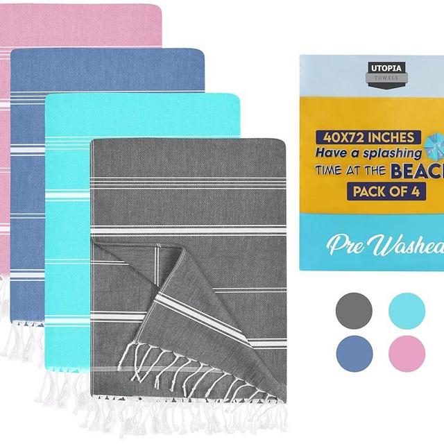 Utopia Towels Pack of 4 Turkish Beach Towel, 40x72 Inches, Oversized 100% Cotton Sand Free Lightweight, Quick-Dry Beach Blanket, Extra Large Bath Towels for Travel and Pool (Grey, Aqua, Pink, Navy)