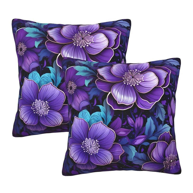 OHORTEB 2Pcs Purple Floral Throw Pillow Case, Cute Flower Art Decor Pillow Covers, Bedroom Living Room Cushion Cover for Couch Sofa Bed, 18'' x 18'' (Purple Foral-1)