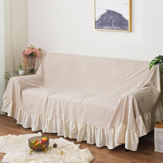 JadeRich One Piece Couch Cover Ruffle Hem Sofa Towel Cotton Flax Sofa Protector Solid Color