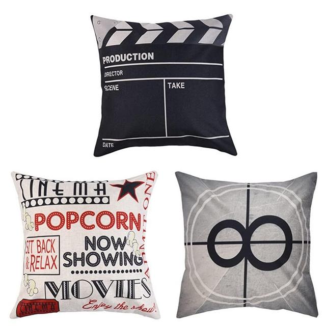 Uarter Decorative Movie Throw Pillow Case Set Cotton Linen Throw Pillow Covers Cushion Cover with Invisible Zipper, Movie Theater Pattern, 18'' 18'', Set of 3