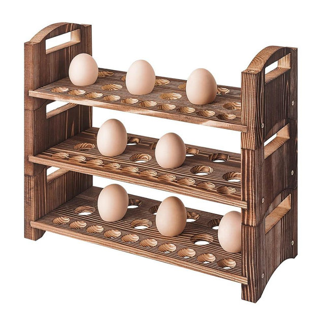 Wooden Egg Holder 3 Layer Fresh Egg Rack Holders Countertop Stackable Quail Egg Sorter Storage Trays Organizer Display Stand Kitchen Rack, Fits Duck, Turkey, Chicken Eggs,up to 36 Eggs, 3 Tier-Brown