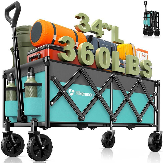 Hikemoon 34'' Extra Long Collapsible Wagons Carts Foldable, 360LBS Heavy Duty Folding Beach Wagon Cart with Wheels, Portable Utility Outdoor Wagon for Grocery, Shopping, Garden, Sports, Turquoise
