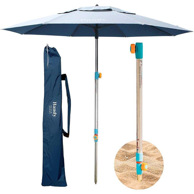 Handy Beach Umbrella & Anchor System, Large 7ft Silver Coated UPF 55 Canopy, 10 Second Installation, Wind Resistant, Durable, Lightweight, Comfortable Dual Pocket Carry Bag (Blue/Silver)