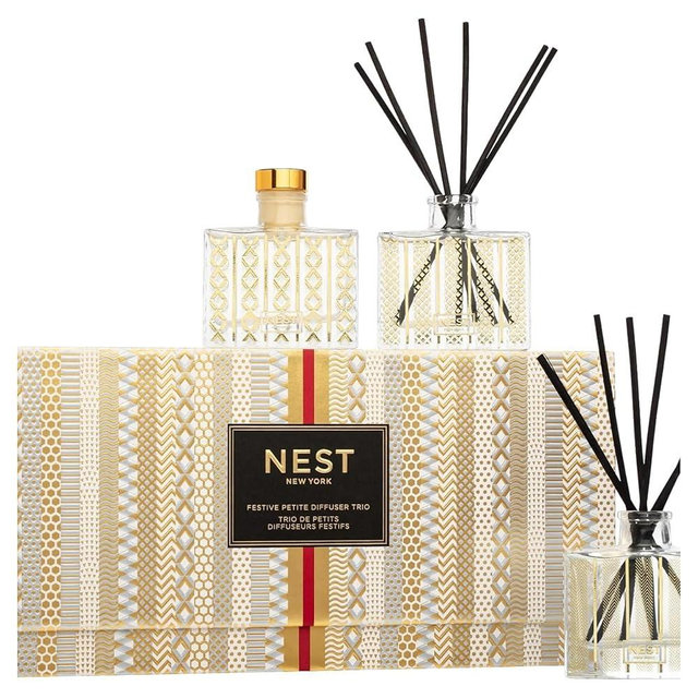 NEST New York Festive Petite Diffuser Trio - 1.3 fl oz Each - Includes Holiday, Birchwood Pine, and Blue Cypress & Snow - Fragrance for Up to 90 Days - Includes All-Natural Reed Sticks - Flame Free