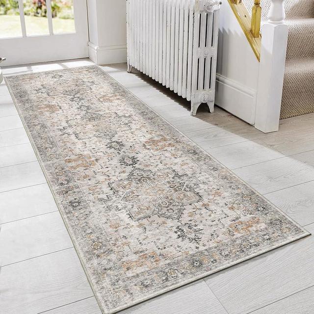 GENIMO Area Rug 2x10 Machine Washable Non Slip Vintage Hallway Runner Rug, Low Pile Lightweight Rugs for Indoor Entryway, Hallway, Kitchen and Corridor, Light Taupe Brown