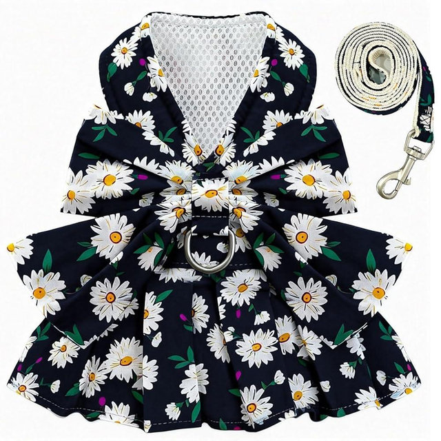 BAEJMJK Dog Dress Bowknot Harness Leash Set for Small Dogs Cats Daisy Floral Girl Dog Dresses Cute Puppy Princess Clothes Pet Doggy Outfits Spring Summer Breathable Dresses (Large, Navy Blue)