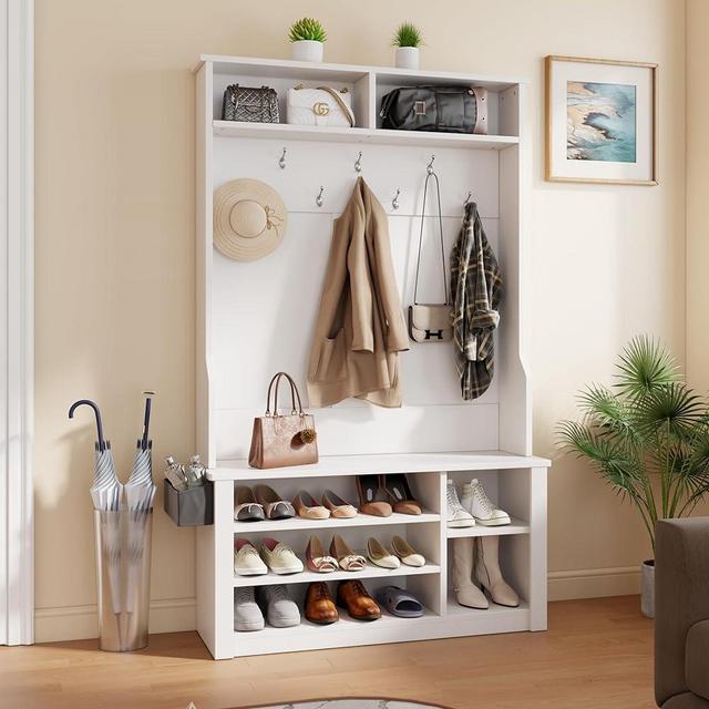 Aiho 3-in-1 Hall Tree with Bench, Hall Trees for Entryway with Storage, with Adjustable Shoe Storage, 2-Tier Top Storage Lockers, for Entryway, Hallway, White