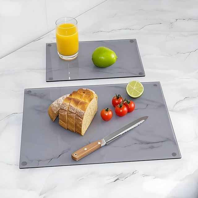 2 pcs Fashion grey Glass Cutting Board for Kitchen,Tempered Glass Cutting Boards, Square Chopping Board with Rubber Feet for Countertop, Heat Resistant,Dishwasher Safe (16x12" & 12x8" Grey)
