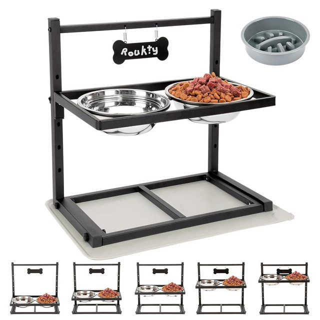 ADENGL Elevated Dog Bowls with Slow Feeder, 5 Adjustable Heights, Anti-Slip, Durable Metal Frame, Spill Proof Mat, Rust-Resistant Bowls, Easy to Clean