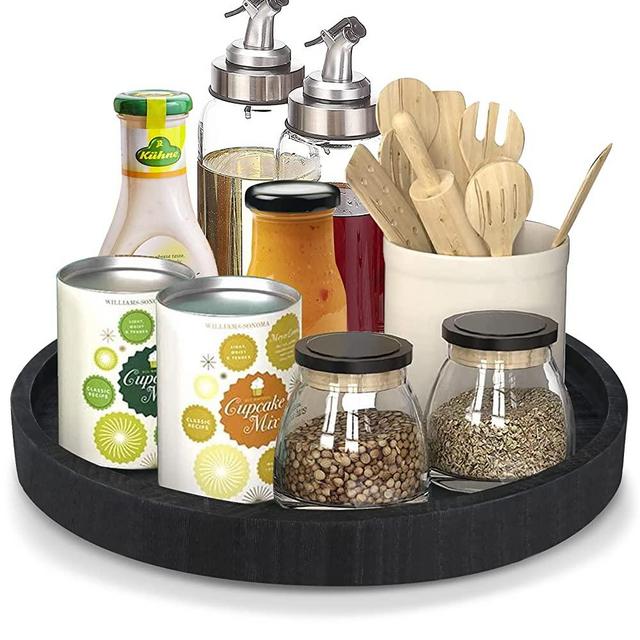 Lazy Susan Turntable Cabinet Organizer, Wood Kitchen Turntable Storage Organizer for Kitchen Cabinets, Pantry, Refrigerator, Counter top, Spinning Counter Storage Organization (Round Black)