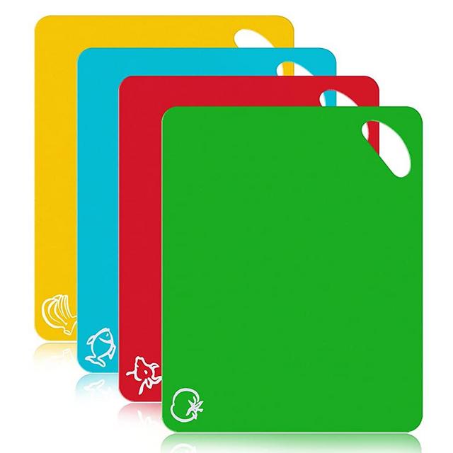 Kitchen Plastic Cutting Board Set - Extra Thick Flexible Cutting Mat for Cooking, Non-Slip Chopping Board with Colored Food Icons & Easy-Grip Handles, Dishwasher Safe, Set of 4