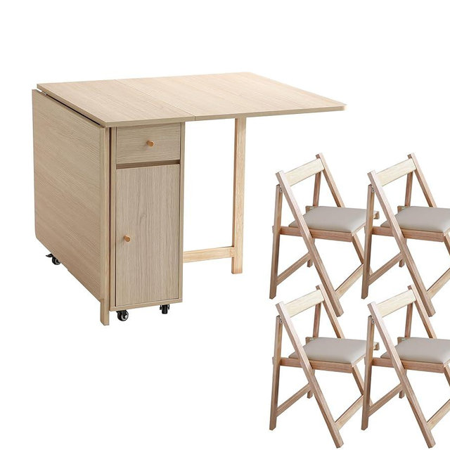 COMUHOME Wood Drop Leaf Folding Dining Table with 2 Drawers and 4 Wheels, Wooden Padded Chairs Set of 4, Space Saving Dining Table with 4 Chairs
