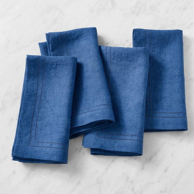 Linen Double Hemstitch Napkins, Set of 4, Royal Blue