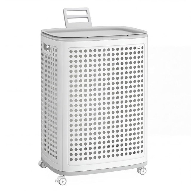 SONGMICS Laundry Hamper with Wheels, Plastic Laundry Basket, 19.8 Gallons (75 L), Slim Storage Basket, for Bathroom, Bedroom, White and Gray URLH020WG01