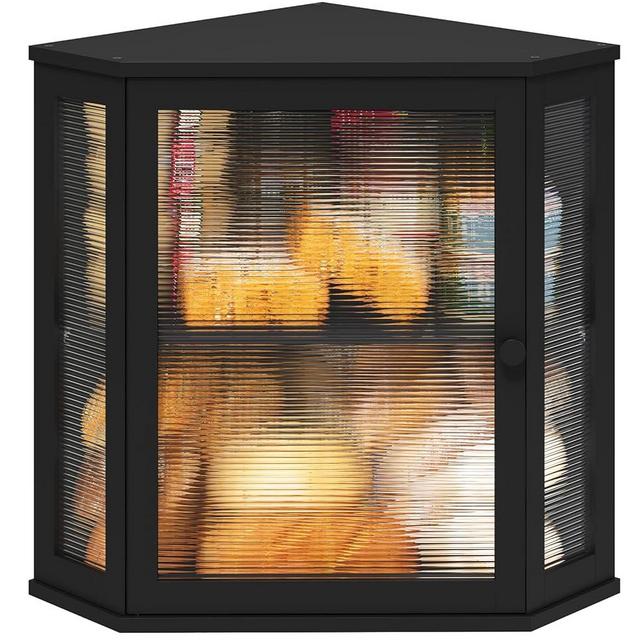 viewcare Corner Bread Box for Kitchen Counter, Bamboo Wood Large Capacity Bread Storage Bin with Acrylic Wavy Door Panel (Black, Extra Large)