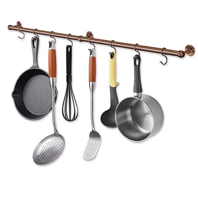 ROTHLEY Hanging Pot Rack Hanger: 39.4 Inch Stainless Steel Pot and Pan Hanger Pot Rack Wall Mounted Hanging Pots and Pans Rack Pot Hangers for Kitchen Wall Kitchen Rail with Hooks (Antique Copper)