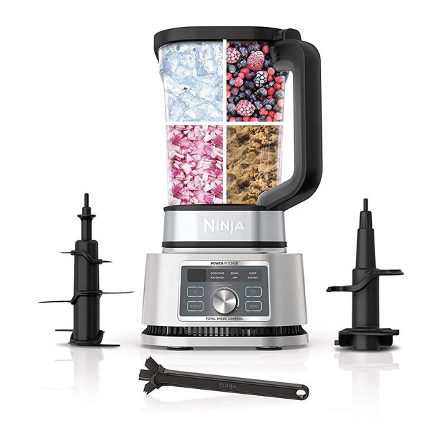Ninja SS201 Foodi Power Pitcher 4in1 Smoothie Bowl Maker Crushing Blender Dough Mixer Food Processor 1400WP smartTORQUE 6 Auto-iQ presets, with a Stainless Silver Finish (Renewed)
