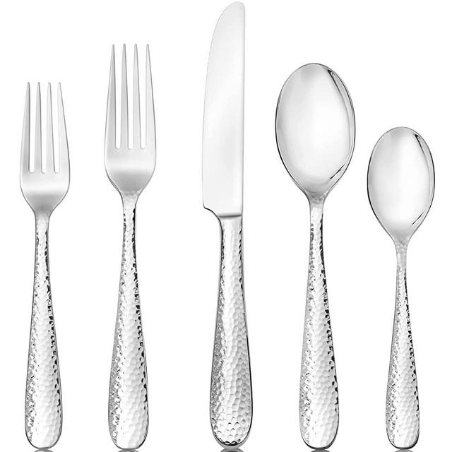 Hudson Essentials 60-Piece Bergamo Hammered 18/10 Mirror Stainless Steel Silverware Cutlery Set, Utensil Flatware Service for 12