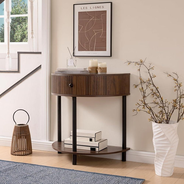 Wnutrees Fluted Half Moon Console Table, Bohemia Small Entryway Table with Drawer, Modern Half Round Sofa Table with Bottom Storage Shelf for Narrow Spaces, Hallway, Living Room, Brown
