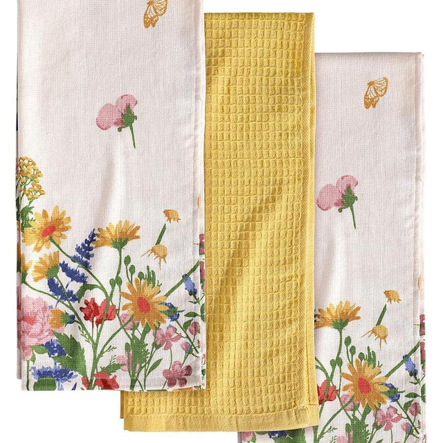 Miss Adola 3pcs Cotton Kitchen Towels - 270 GSM 16x25 Inch Terry Cloths Reusable Dish Cloths for Cleaning Absorbent Soft Hand Tea Towels with Hanging Loop for Housewarming Home Decor, Retro Flower