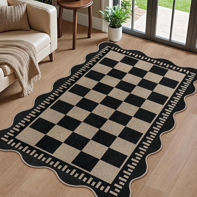 LORWER Checkered Easy Jute 3x5 Outdoor Patio Rug, Washable Rugs for Entryway Indoor Outdoor Area Rug Black Kitchen Rugs, Non-Slip Farmhouse Neutral Rug for Balcony Backyard
